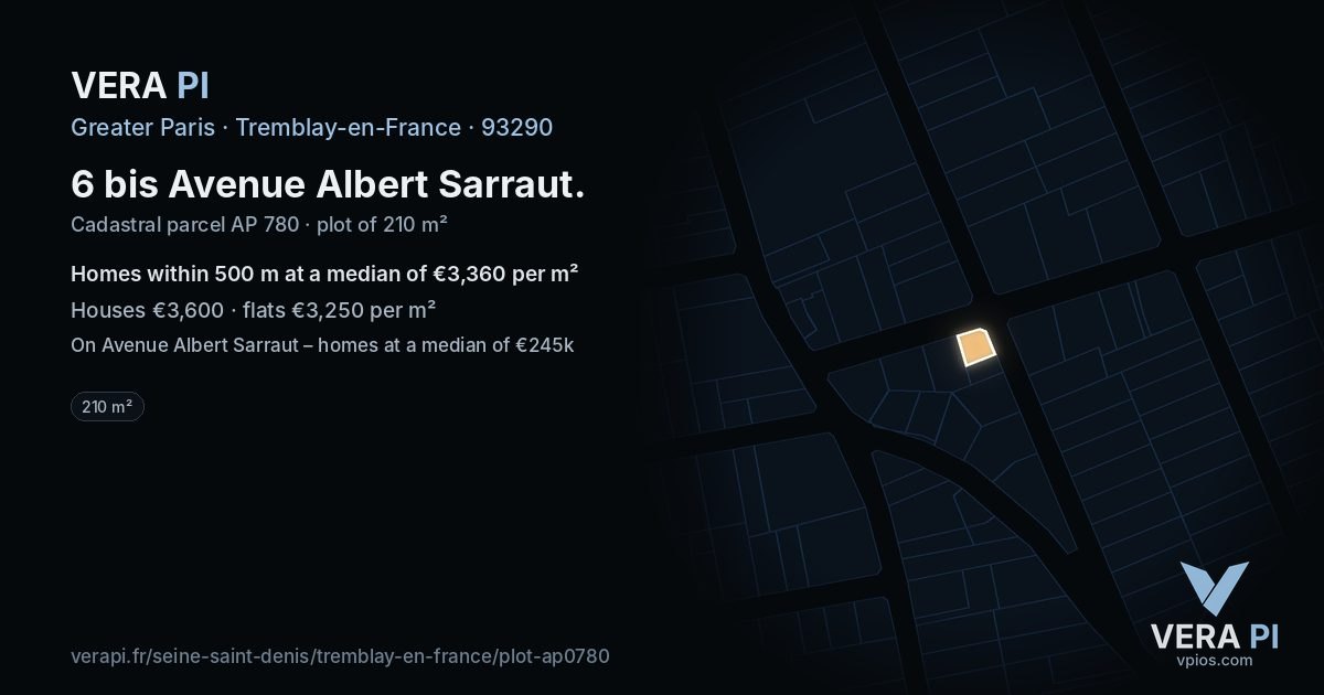 6 bis Avenue Albert Sarraut, Tremblay-en-France at night – the plot lit, the parcels around coloured by the prices near them