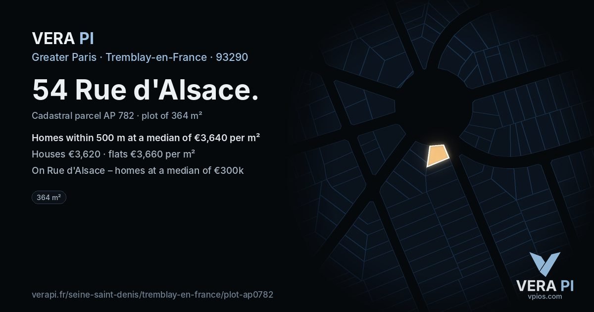 54 Rue d'Alsace, Tremblay-en-France at night – the plot lit, the parcels around coloured by the prices near them