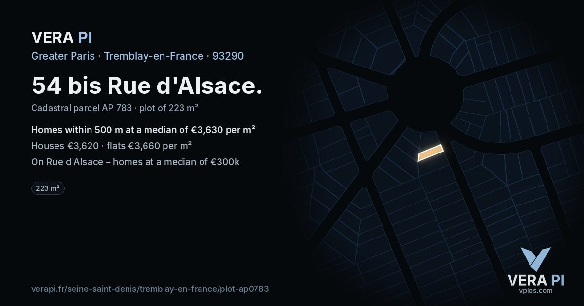 54 bis Rue d'Alsace, Tremblay-en-France at night – the plot lit, the parcels around coloured by the prices near them