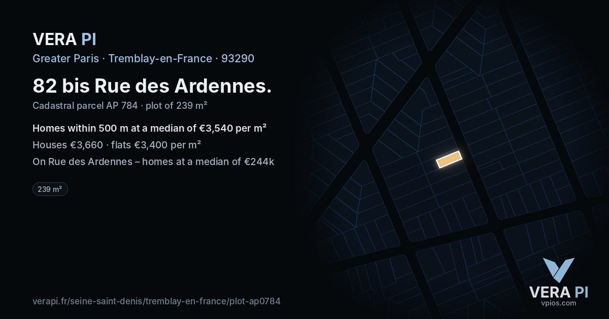 82 bis Rue des Ardennes, Tremblay-en-France at night – the plot lit, the parcels around coloured by the prices near them
