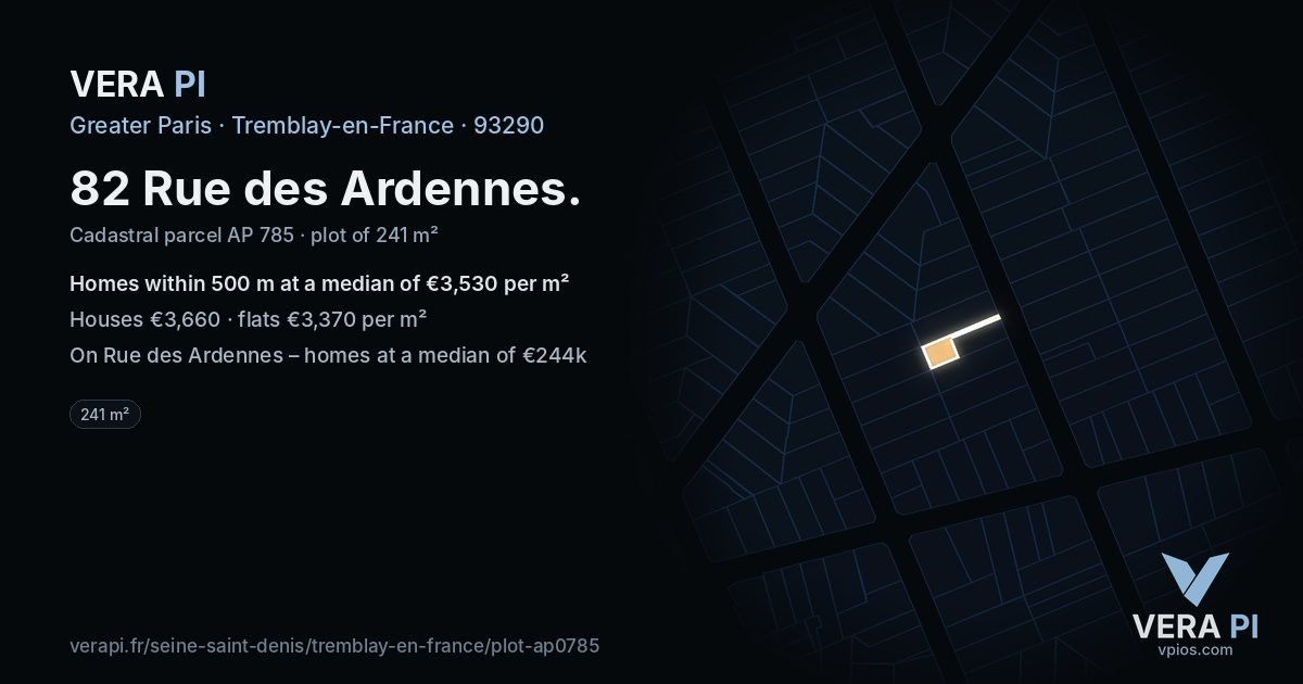 82 Rue des Ardennes, Tremblay-en-France at night – the plot lit, the parcels around coloured by the prices near them