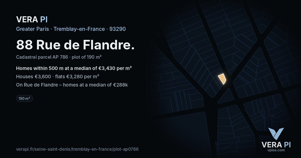 88 Rue de Flandre, Tremblay-en-France at night – the plot lit, the parcels around coloured by the prices near them
