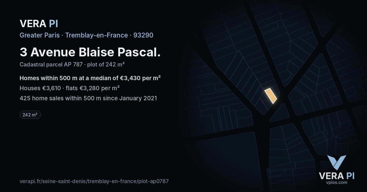 3 Avenue Blaise Pascal, Tremblay-en-France at night – the plot lit, the parcels around coloured by the prices near them