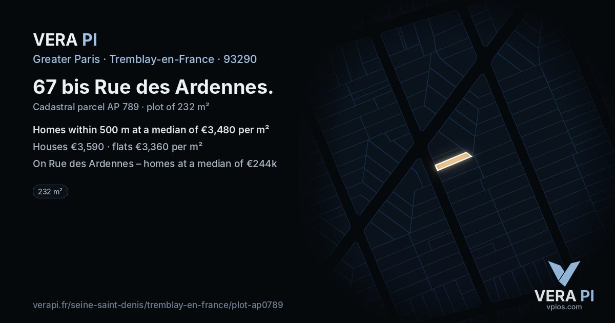 67 bis Rue des Ardennes, Tremblay-en-France at night – the plot lit, the parcels around coloured by the prices near them