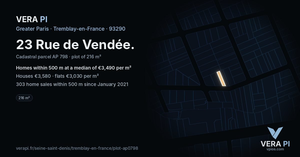 23 Rue de Vendée, Tremblay-en-France at night – the plot lit, the parcels around coloured by the prices near them