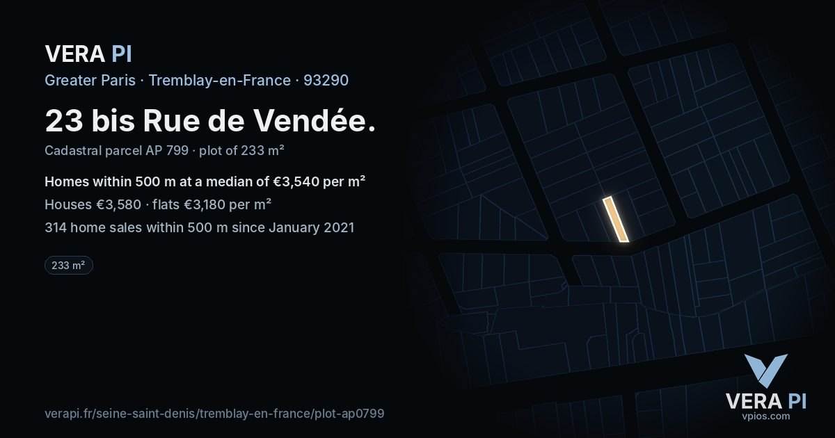 23 bis Rue de Vendée, Tremblay-en-France at night – the plot lit, the parcels around coloured by the prices near them
