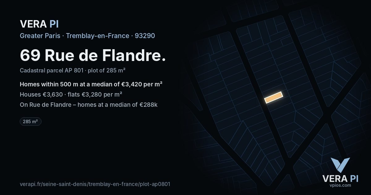 69 Rue de Flandre, Tremblay-en-France at night – the plot lit, the parcels around coloured by the prices near them