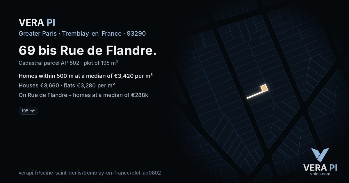 69 bis Rue de Flandre, Tremblay-en-France at night – the plot lit, the parcels around coloured by the prices near them
