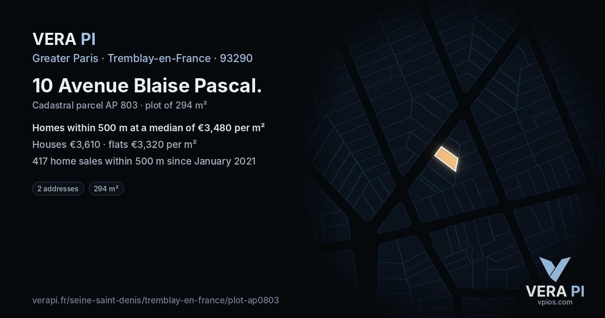 10 Avenue Blaise Pascal, Tremblay-en-France at night – the plot lit, the parcels around coloured by the prices near them