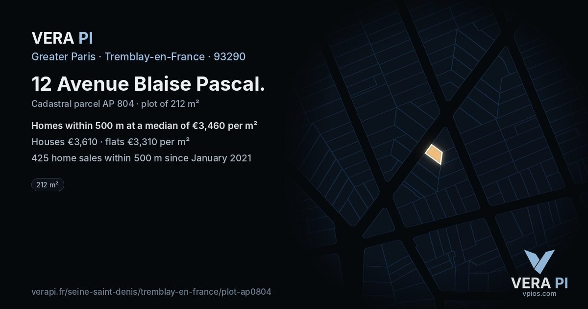 12 Avenue Blaise Pascal, Tremblay-en-France at night – the plot lit, the parcels around coloured by the prices near them