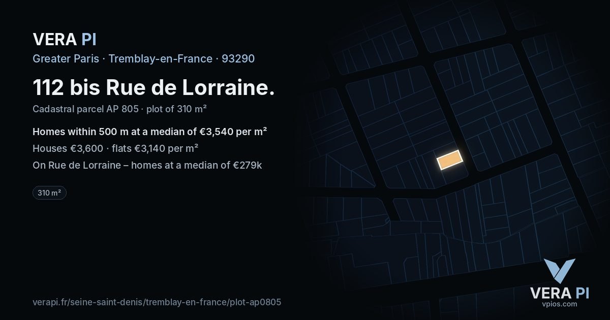 112 bis Rue de Lorraine, Tremblay-en-France at night – the plot lit, the parcels around coloured by the prices near them