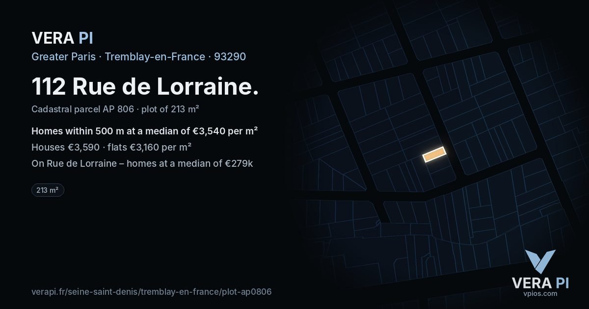 112 Rue de Lorraine, Tremblay-en-France at night – the plot lit, the parcels around coloured by the prices near them