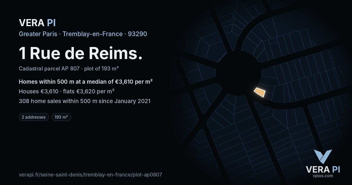 1 Rue de Reims, Tremblay-en-France at night – the plot lit, the parcels around coloured by the prices near them