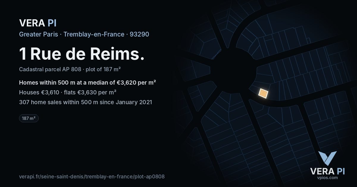 1 Rue de Reims, Tremblay-en-France at night – the plot lit, the parcels around coloured by the prices near them