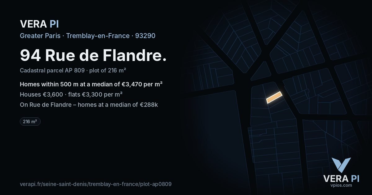 94 Rue de Flandre, Tremblay-en-France at night – the plot lit, the parcels around coloured by the prices near them
