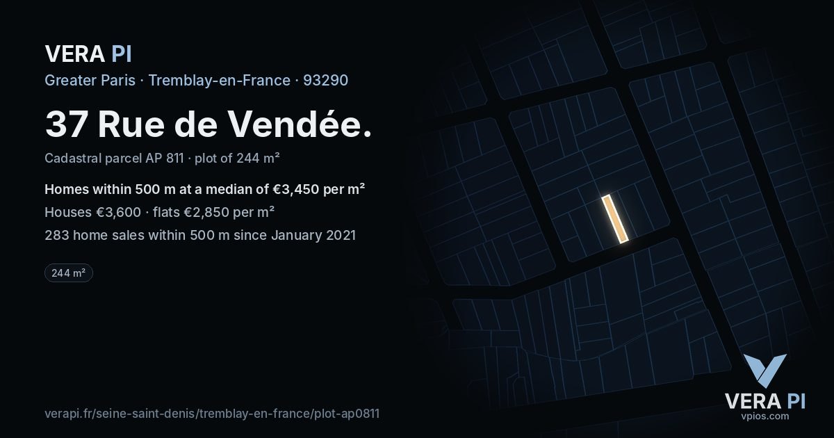 37 Rue de Vendée, Tremblay-en-France at night – the plot lit, the parcels around coloured by the prices near them