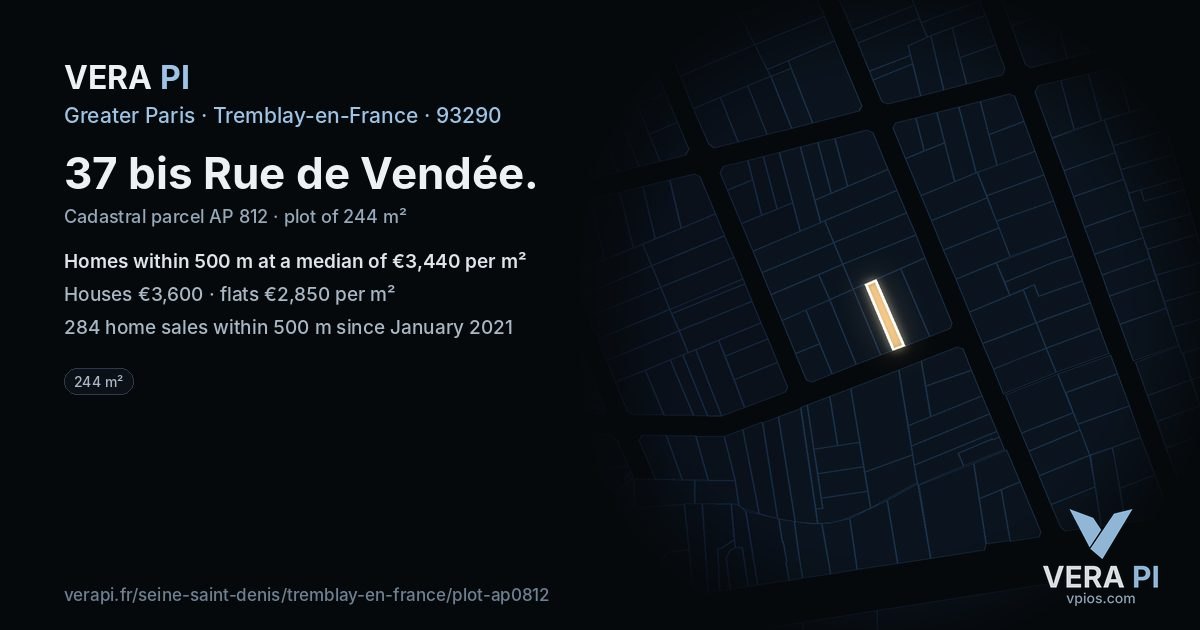37 bis Rue de Vendée, Tremblay-en-France at night – the plot lit, the parcels around coloured by the prices near them