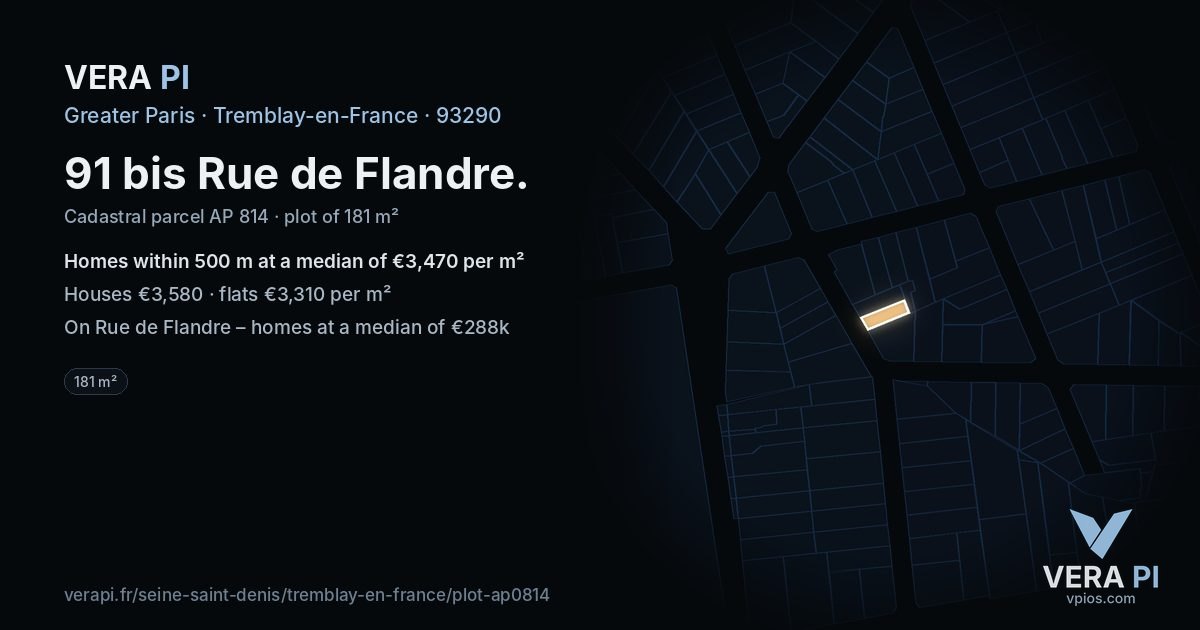 91 bis Rue de Flandre, Tremblay-en-France at night – the plot lit, the parcels around coloured by the prices near them