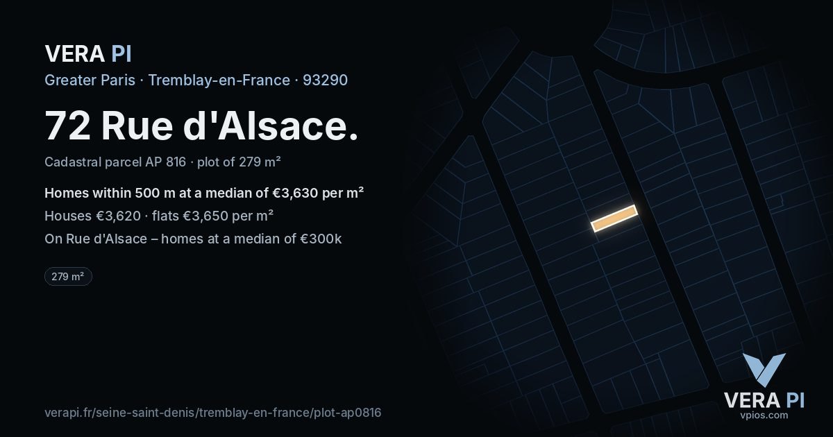 72 Rue d'Alsace, Tremblay-en-France at night – the plot lit, the parcels around coloured by the prices near them