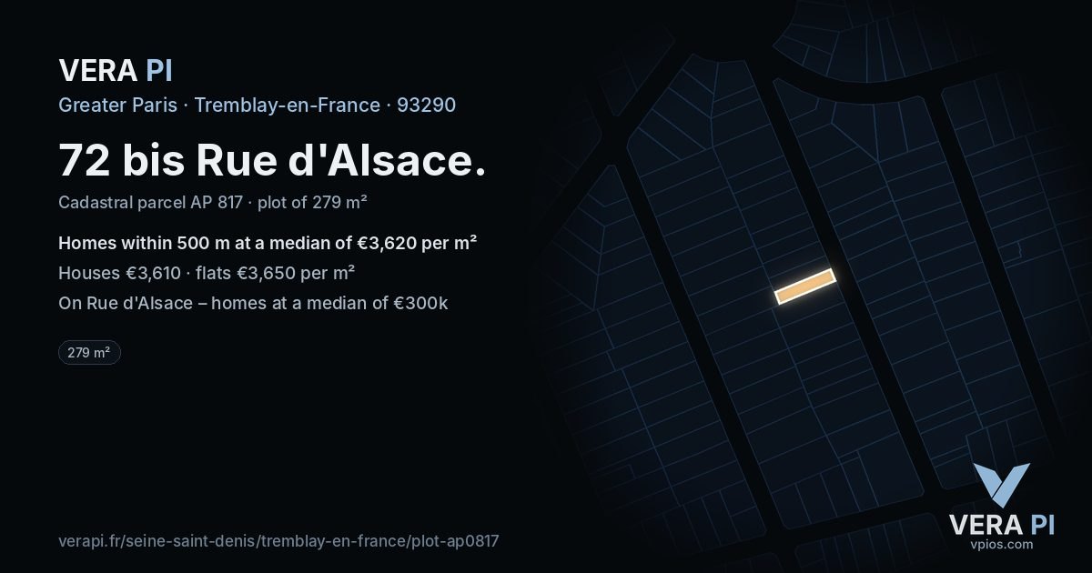 72 bis Rue d'Alsace, Tremblay-en-France at night – the plot lit, the parcels around coloured by the prices near them
