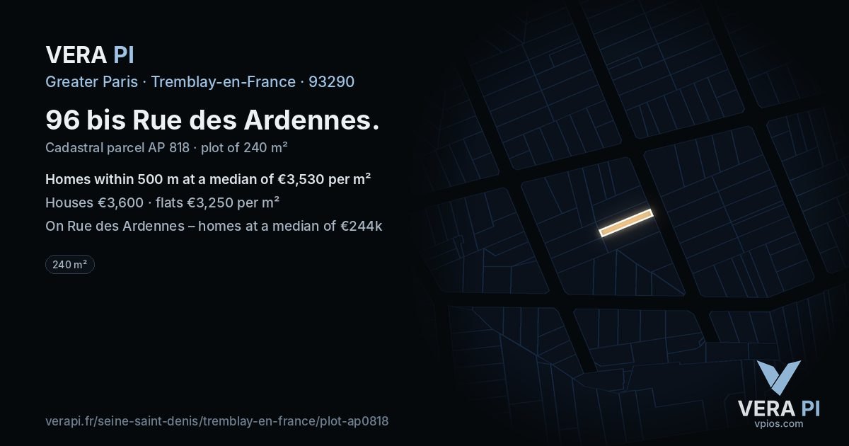 96 bis Rue des Ardennes, Tremblay-en-France at night – the plot lit, the parcels around coloured by the prices near them