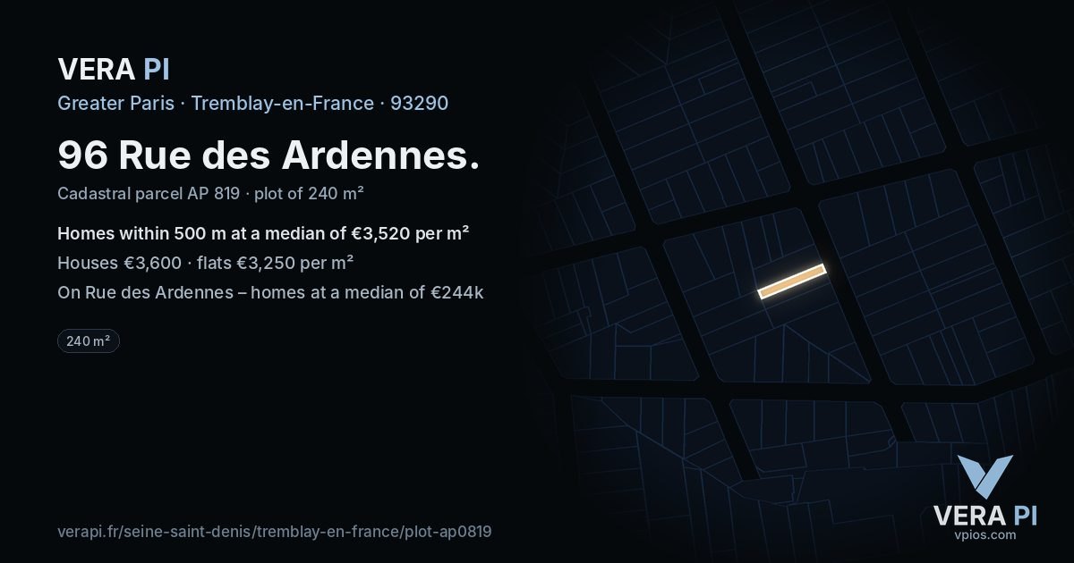 96 Rue des Ardennes, Tremblay-en-France at night – the plot lit, the parcels around coloured by the prices near them