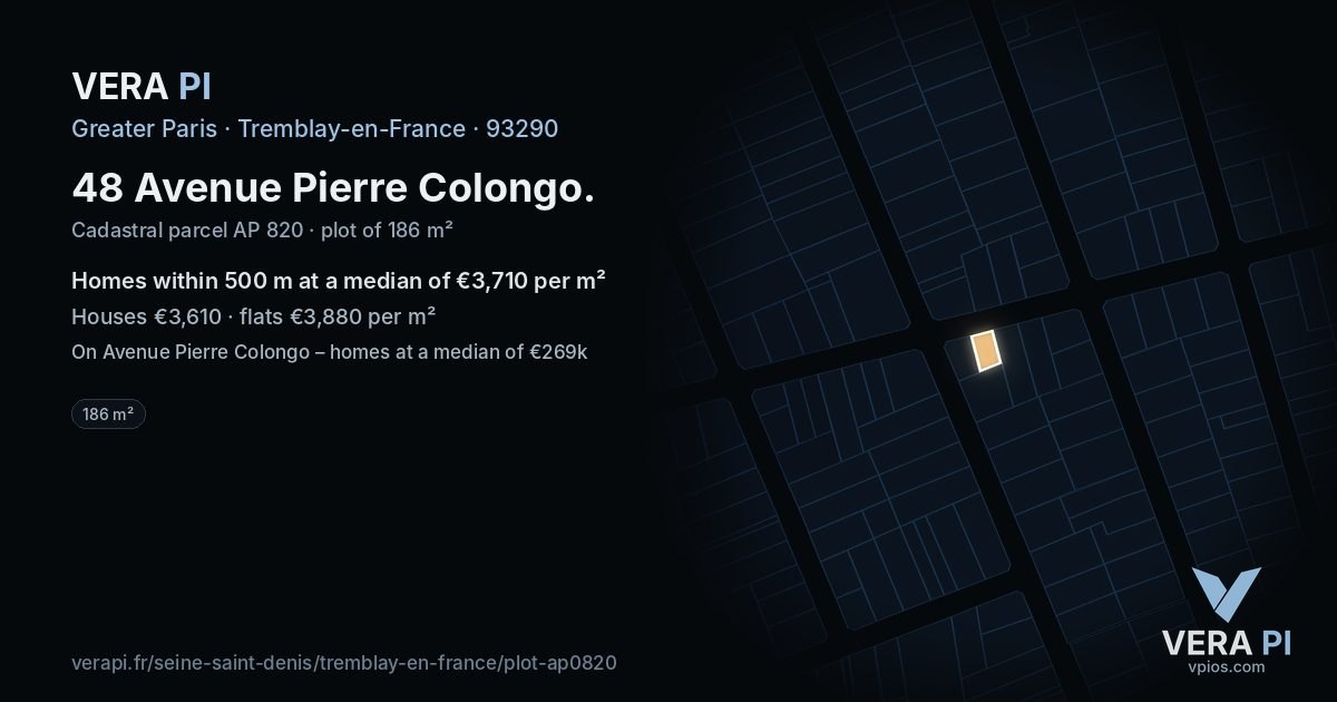 48 Avenue Pierre Colongo, Tremblay-en-France at night – the plot lit, the parcels around coloured by the prices near them