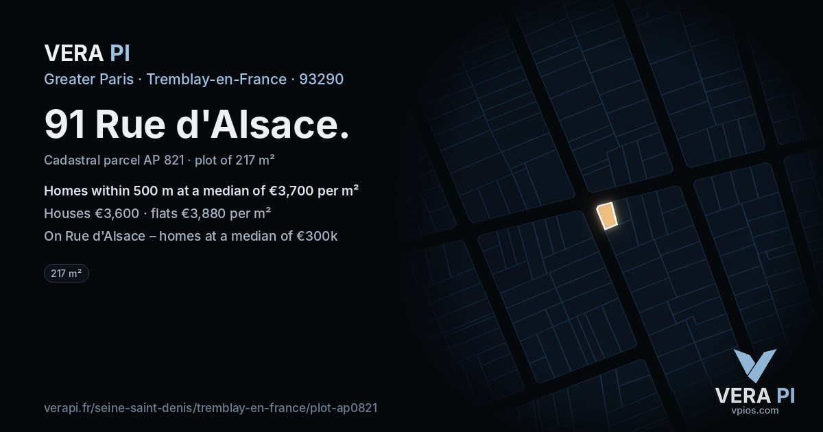 91 Rue d'Alsace, Tremblay-en-France at night – the plot lit, the parcels around coloured by the prices near them