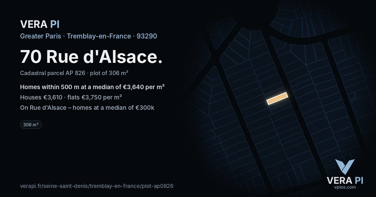 70 Rue d'Alsace, Tremblay-en-France at night – the plot lit, the parcels around coloured by the prices near them