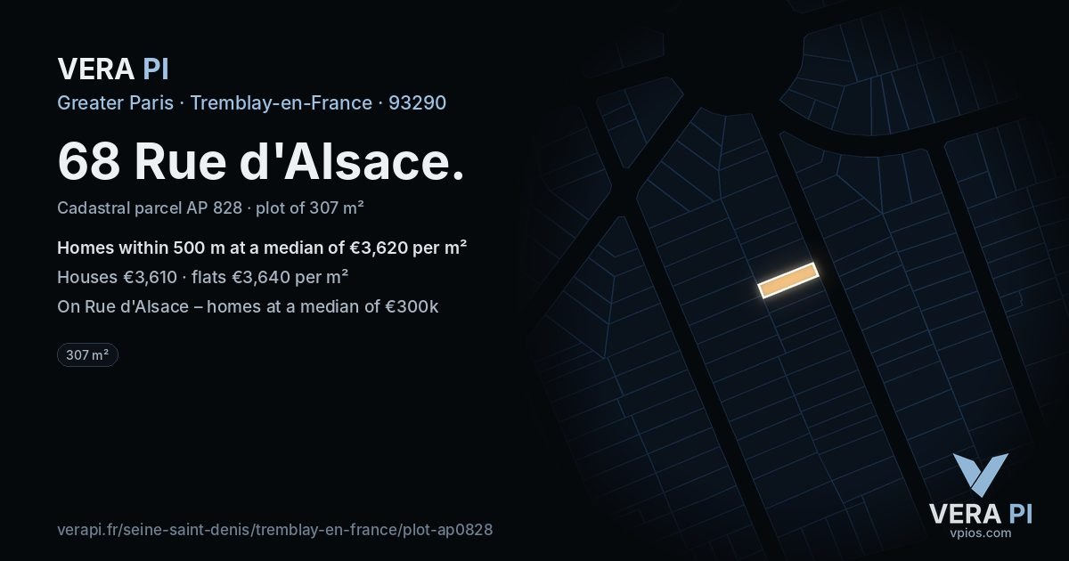 68 Rue d'Alsace, Tremblay-en-France at night – the plot lit, the parcels around coloured by the prices near them