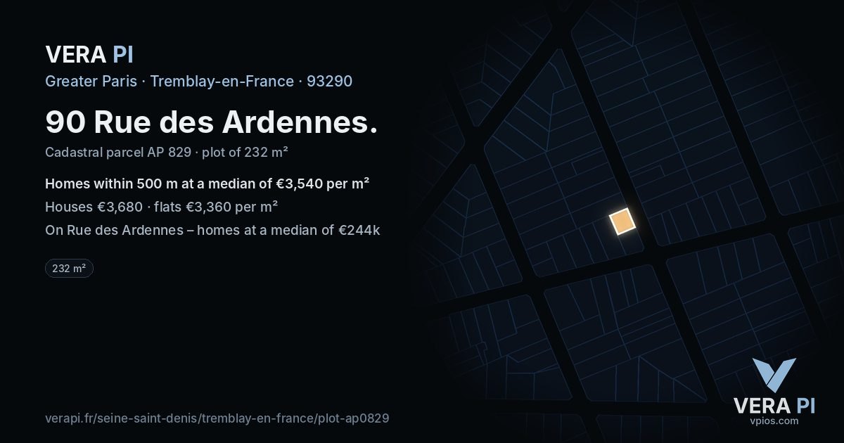 90 Rue des Ardennes, Tremblay-en-France at night – the plot lit, the parcels around coloured by the prices near them