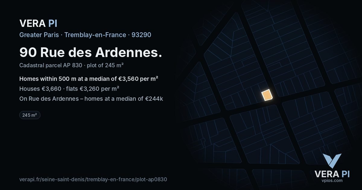 90 Rue des Ardennes, Tremblay-en-France at night – the plot lit, the parcels around coloured by the prices near them