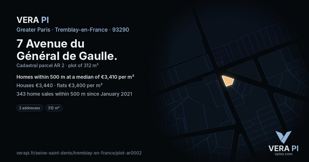 7 Avenue du Général de Gaulle, Tremblay-en-France at night – the plot lit, the parcels around coloured by the prices near them