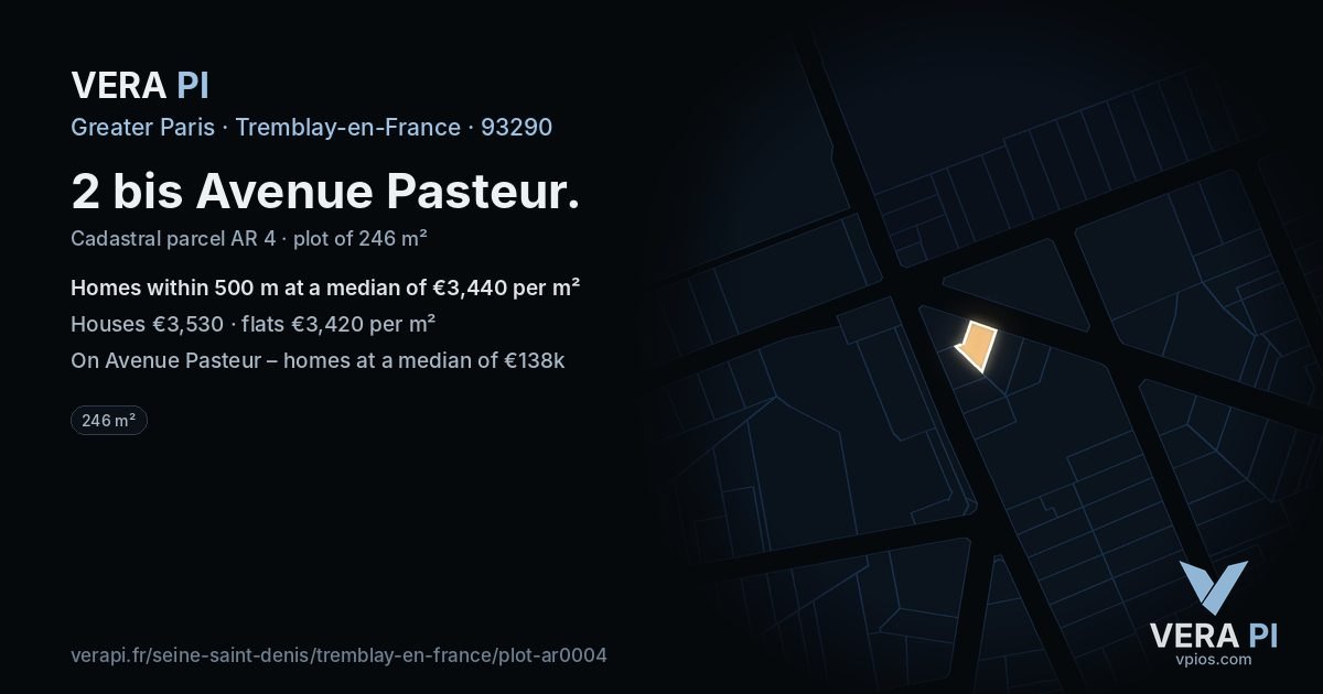 2 bis Avenue Pasteur, Tremblay-en-France at night – the plot lit, the parcels around coloured by the prices near them