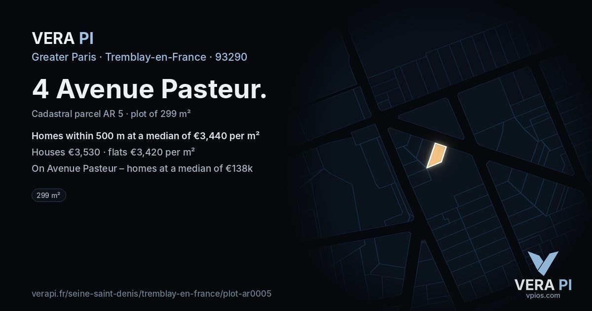 4 Avenue Pasteur, Tremblay-en-France at night – the plot lit, the parcels around coloured by the prices near them
