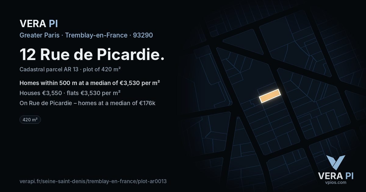 12 Rue de Picardie, Tremblay-en-France at night – the plot lit, the parcels around coloured by the prices near them