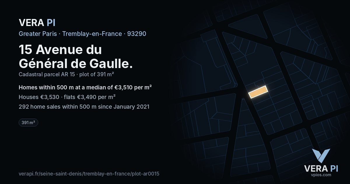 15 Avenue du Général de Gaulle, Tremblay-en-France at night – the plot lit, the parcels around coloured by the prices near them