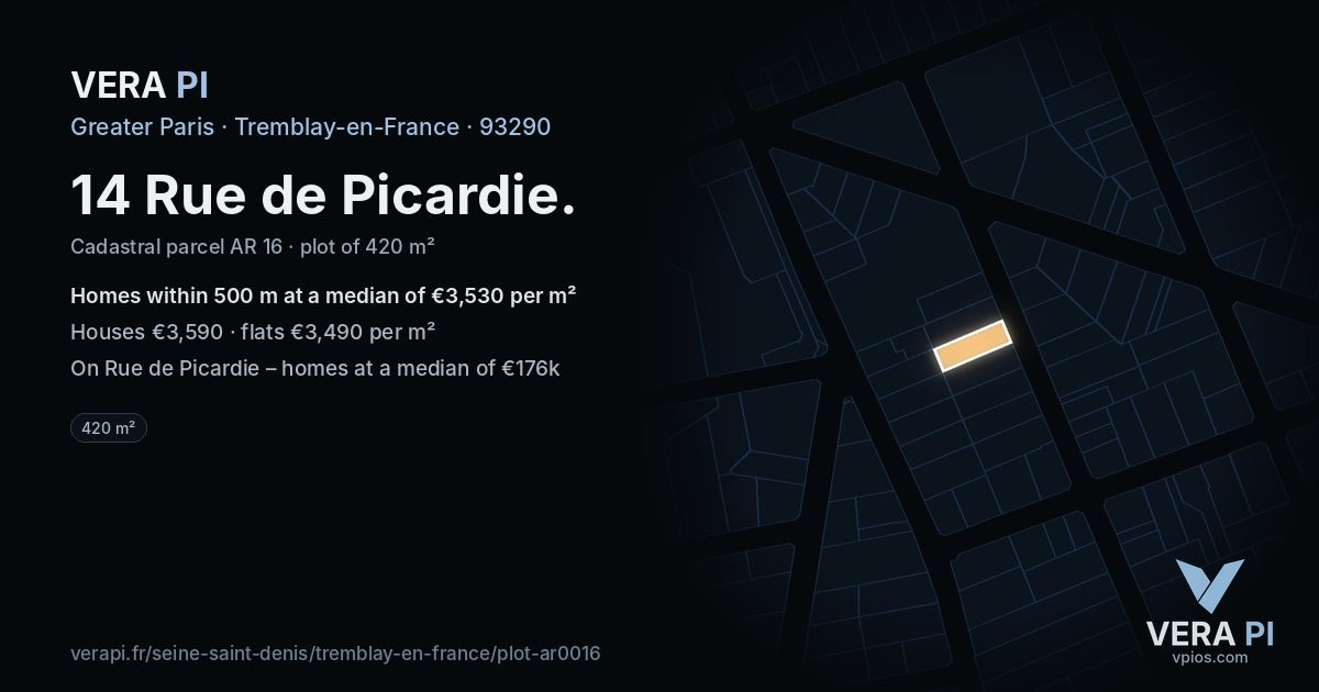 14 Rue de Picardie, Tremblay-en-France at night – the plot lit, the parcels around coloured by the prices near them