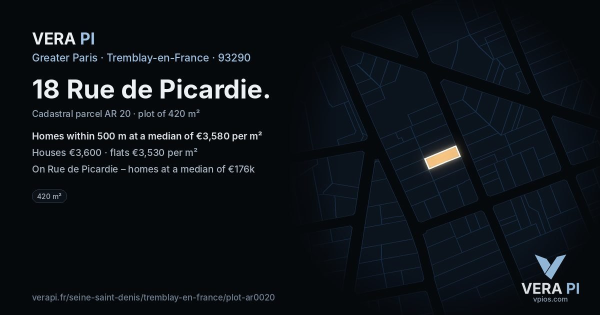 18 Rue de Picardie, Tremblay-en-France at night – the plot lit, the parcels around coloured by the prices near them