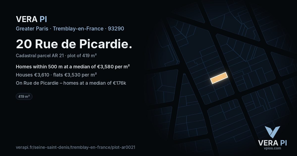 20 Rue de Picardie, Tremblay-en-France at night – the plot lit, the parcels around coloured by the prices near them