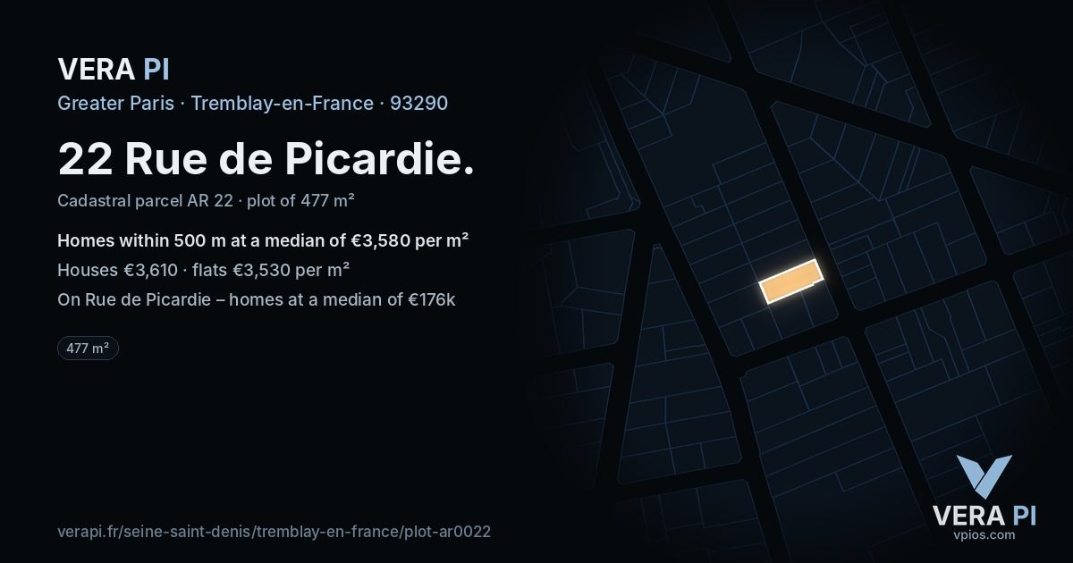 22 Rue de Picardie, Tremblay-en-France at night – the plot lit, the parcels around coloured by the prices near them