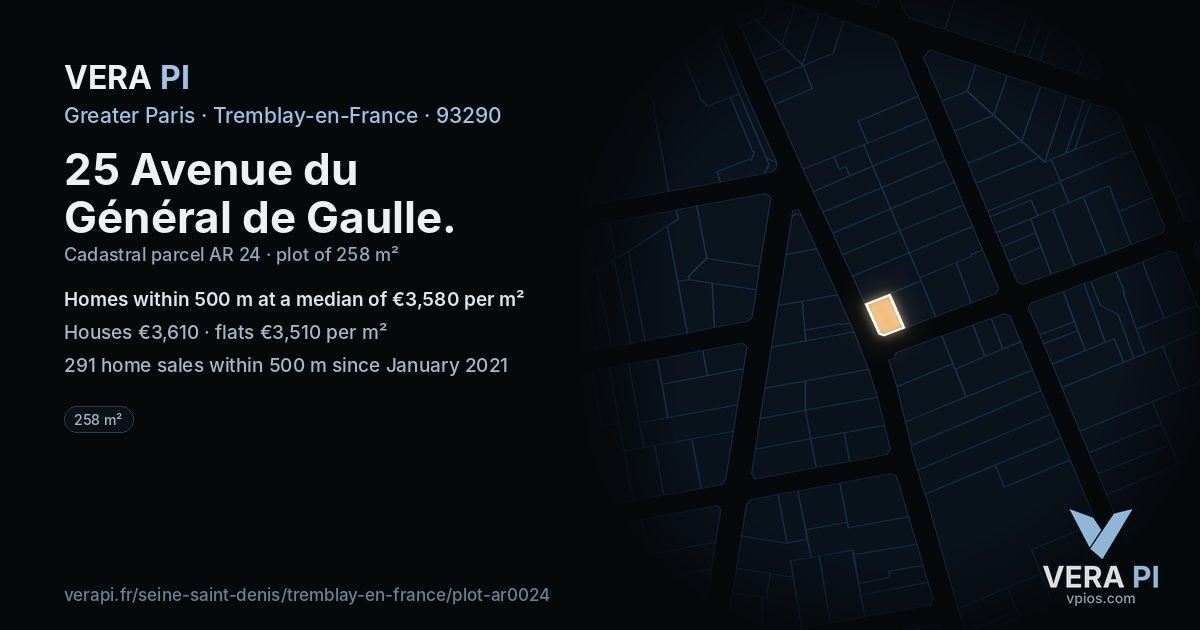 25 Avenue du Général de Gaulle, Tremblay-en-France at night – the plot lit, the parcels around coloured by the prices near them