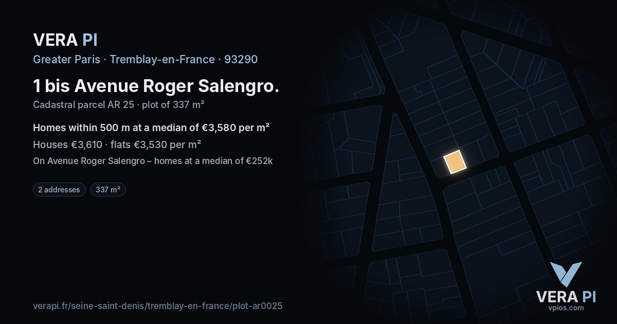 1 bis Avenue Roger Salengro, Tremblay-en-France at night – the plot lit, the parcels around coloured by the prices near them
