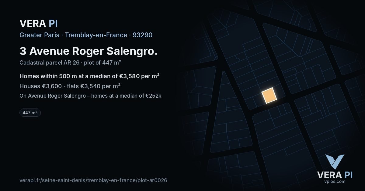3 Avenue Roger Salengro, Tremblay-en-France at night – the plot lit, the parcels around coloured by the prices near them