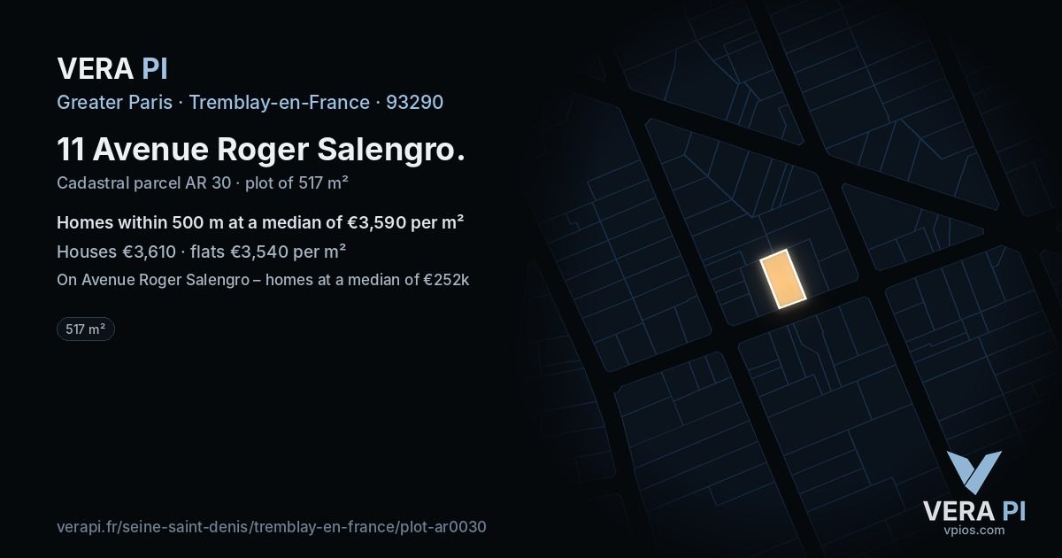11 Avenue Roger Salengro, Tremblay-en-France at night – the plot lit, the parcels around coloured by the prices near them