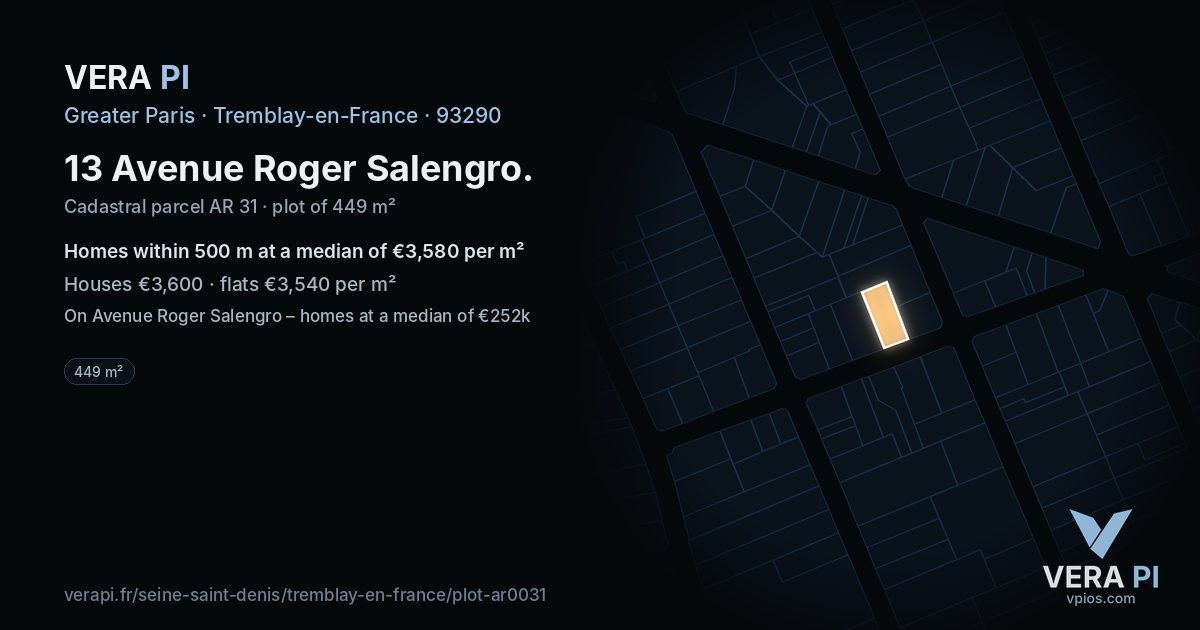 13 Avenue Roger Salengro, Tremblay-en-France at night – the plot lit, the parcels around coloured by the prices near them