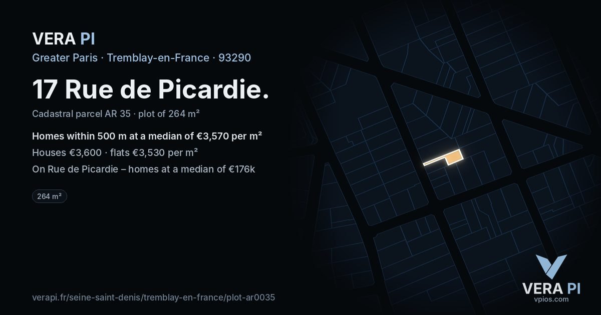 17 Rue de Picardie, Tremblay-en-France at night – the plot lit, the parcels around coloured by the prices near them