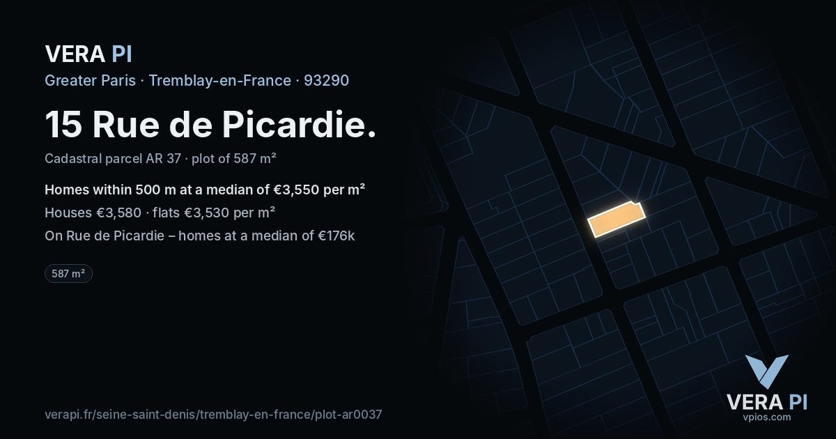 15 Rue de Picardie, Tremblay-en-France at night – the plot lit, the parcels around coloured by the prices near them