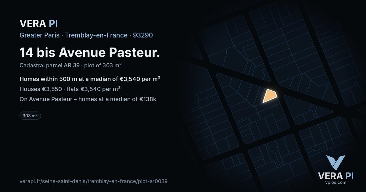 14 bis Avenue Pasteur, Tremblay-en-France at night – the plot lit, the parcels around coloured by the prices near them
