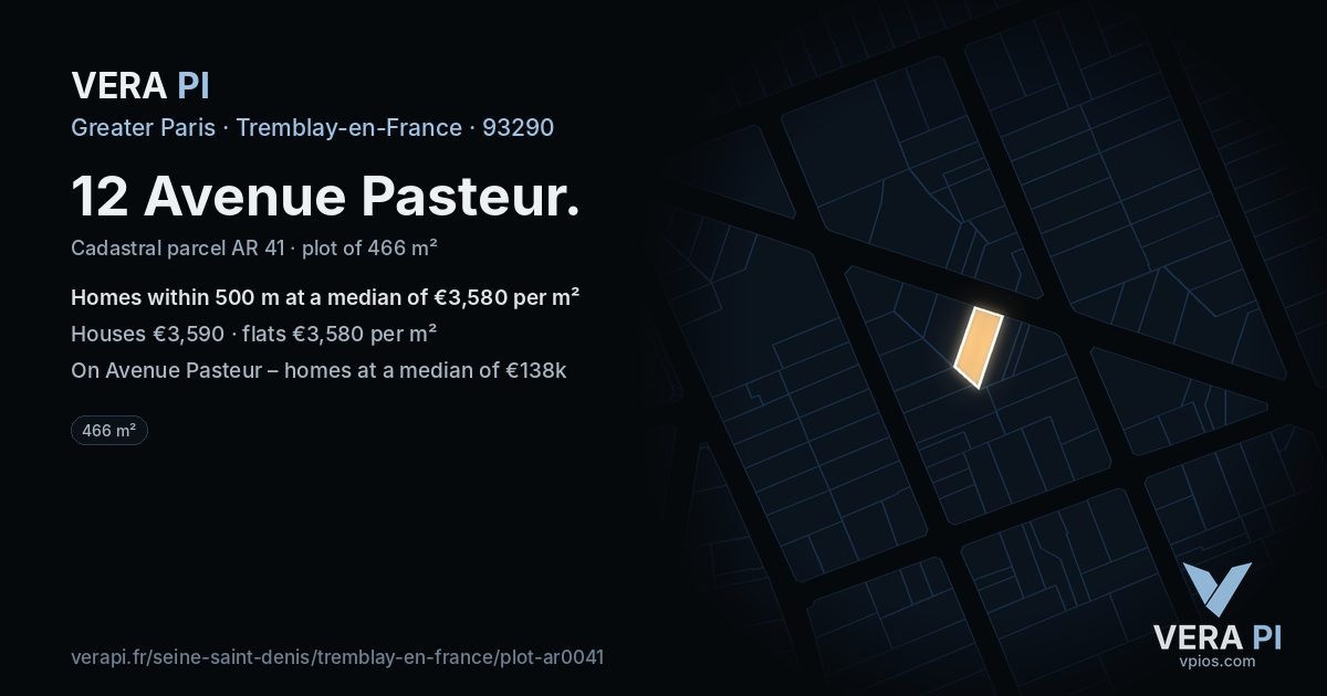 12 Avenue Pasteur, Tremblay-en-France at night – the plot lit, the parcels around coloured by the prices near them